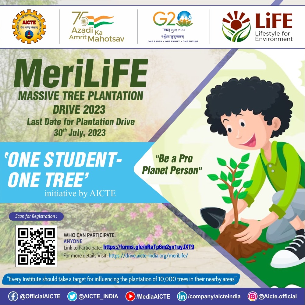 Every Institute should take a target for influencing the plantation of 10,000 trees in their nearby areas. 
For more details Visit: drive.aicte-india.org/meriLife/
Link to participate: forms.gle/nRaTp6m2yn1uyJ……
#MeriLiFE #PlantationDrive #AICTE #OneStudentOneTree
