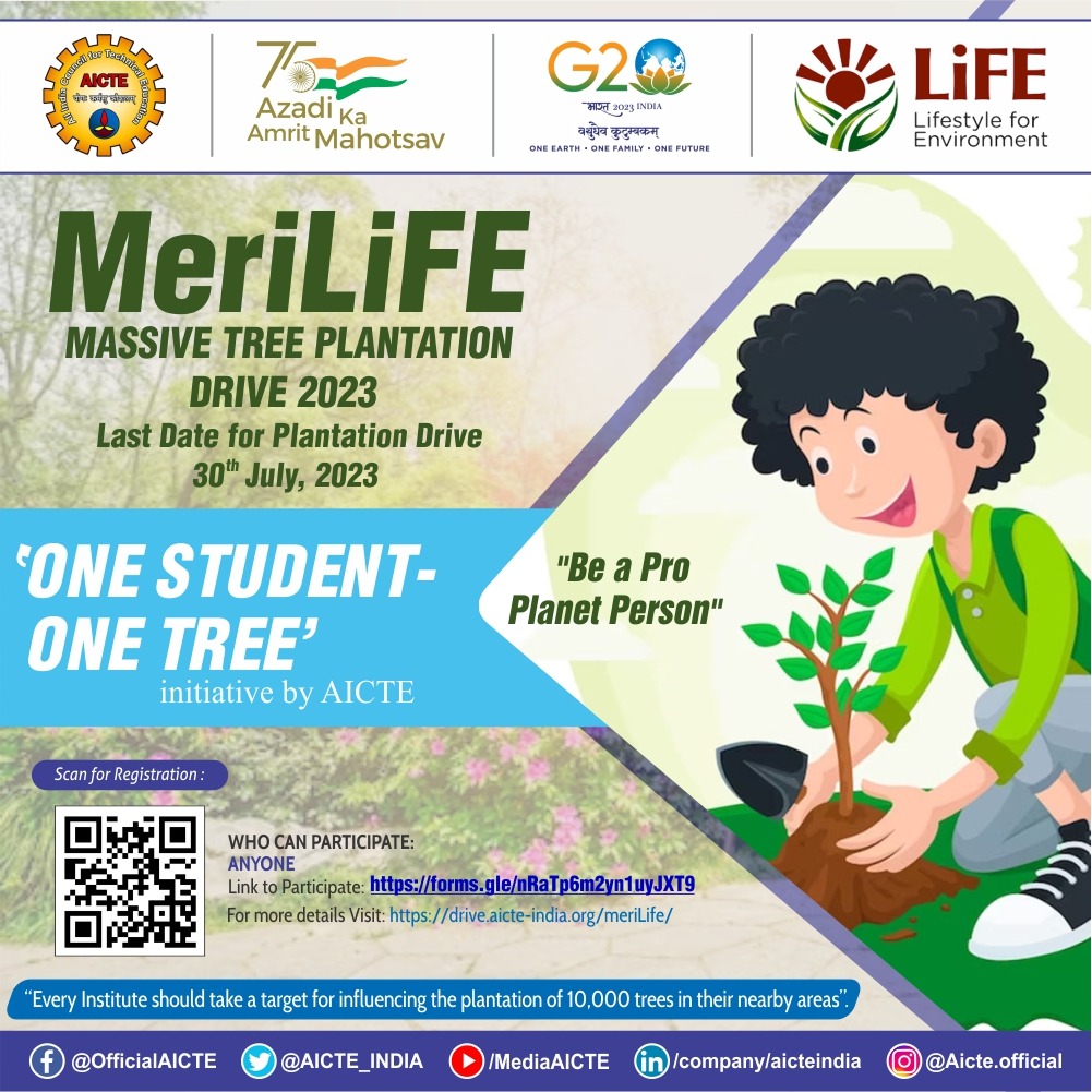 AICTE_INDIA's tweet photo. Every Institute should take a target for influencing the plantation of 10,000 trees in their nearby areas. 
For more details Visit: https://t.co/Iuc7MG7ACZ
Link to participate: https://t.co/4H8onTyGUD…
#MeriLiFE #PlantationDrive #AICTE #OneStudentOneTree https://t.co/f7Fc7BbwFC
