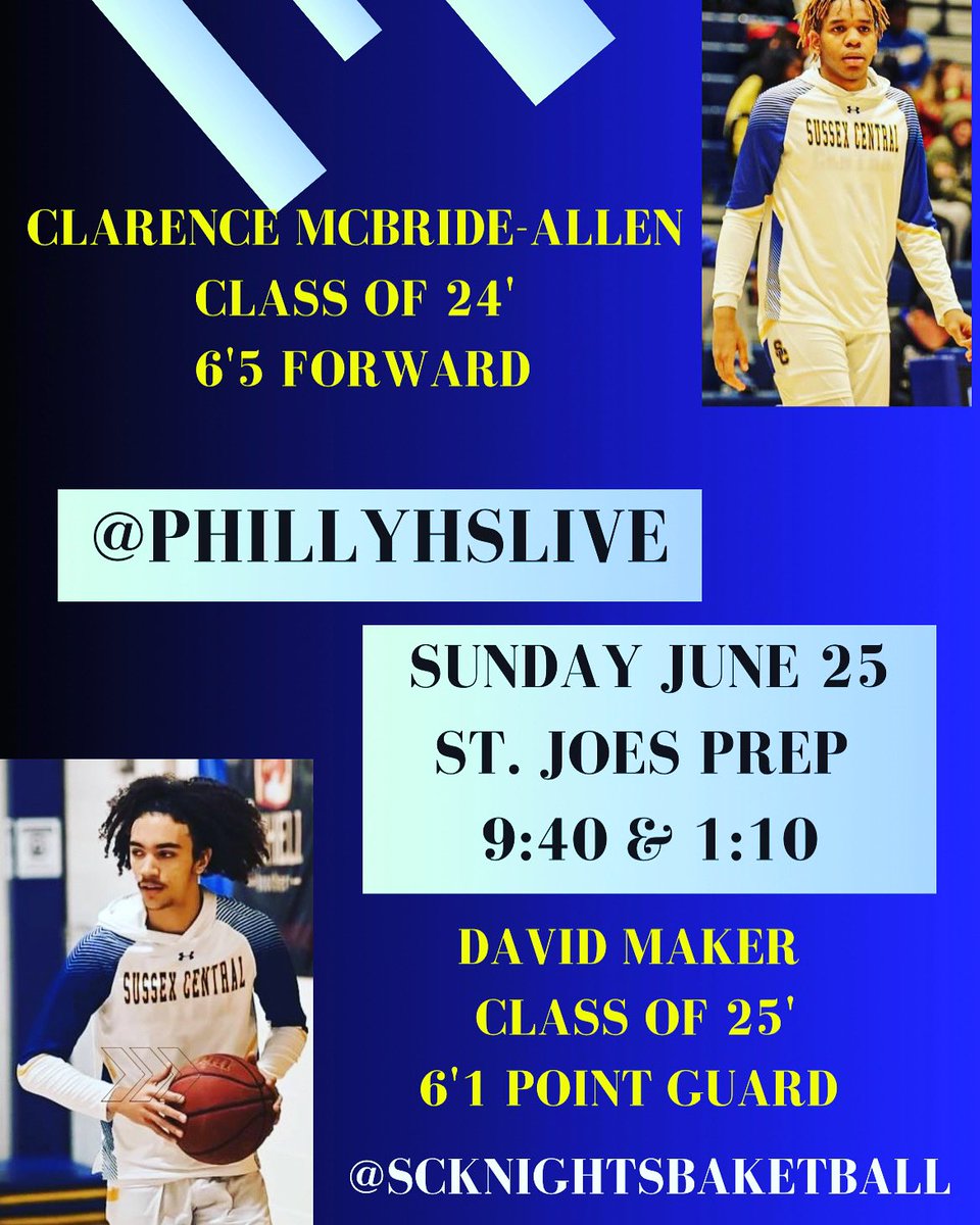 SussexBoys's tweet photo. Check us out at @phillyhslive June 25. Our focus is to compete and increase collegiate exposure. David Maker 25β and Clarence McBride Allen 24β @1ststatesports #phillyhslive #schshoopsπππ https://t.co/0ubeSlK5J5
