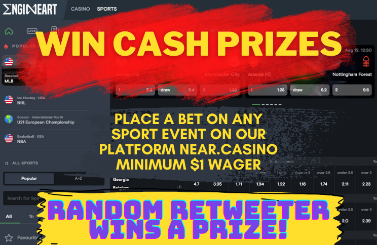 EngineartNear's tweet photo. $30 to 3 winners!

1. Retweet this + follow
2. Place a bet on ANY sporting event on our platform https://t.co/aNLQ3r5QHS and reply with screenshot of the bet! Minimum $1 wager.

A random retweeter will also win some #crypto, comment your near wallet address!
Ends in 24hrs! https://t.co/XL975J4jqS