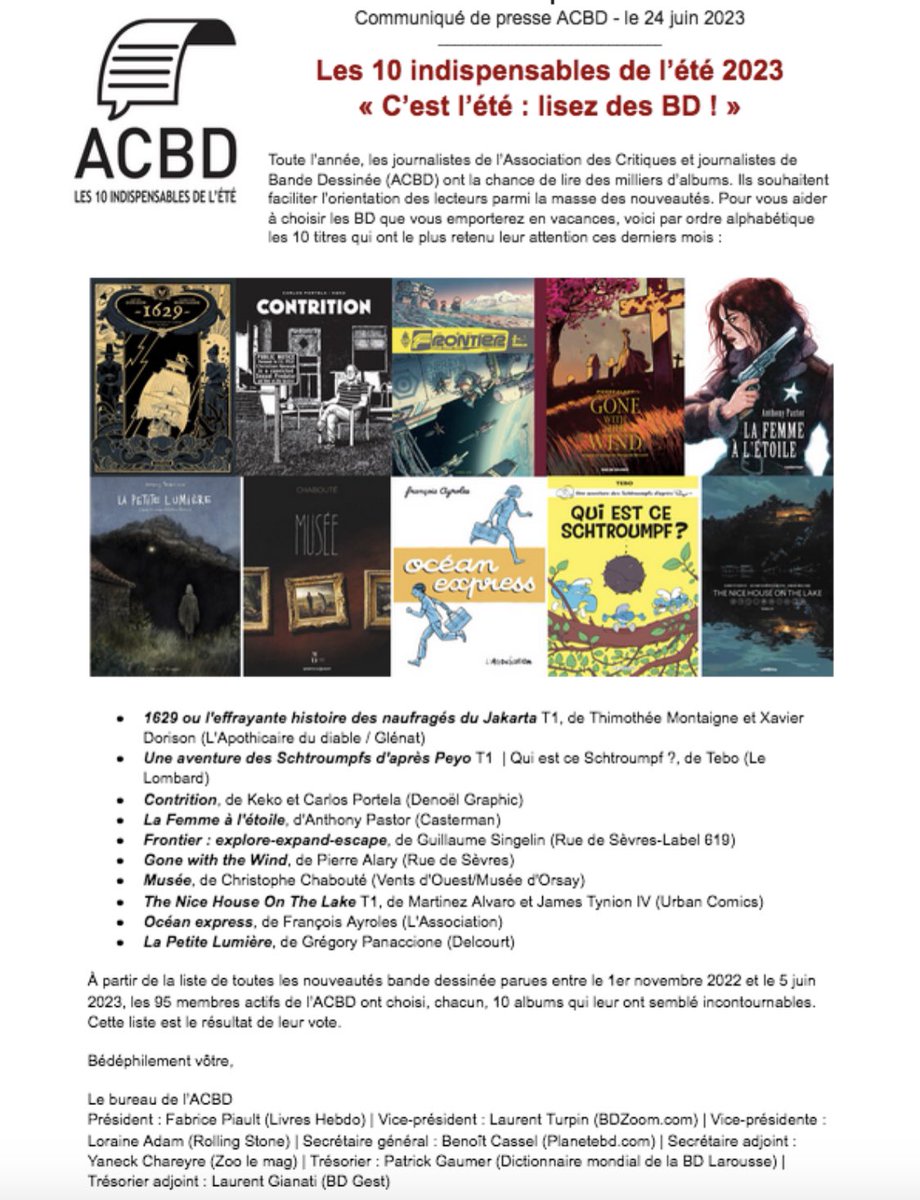 [COMMUNIQUÉ] C’est l’été, lisez des BD ! L’ACBD a révélé lors des Rendez-vous de la BD d’Amiens sa sélection annuelle des 10 indispensables de l’été, établie par ses 95 membres actifs à partir de la lecture attentive des titres parus du 1er novembre 2022 au 5 juin 2023 #bd
