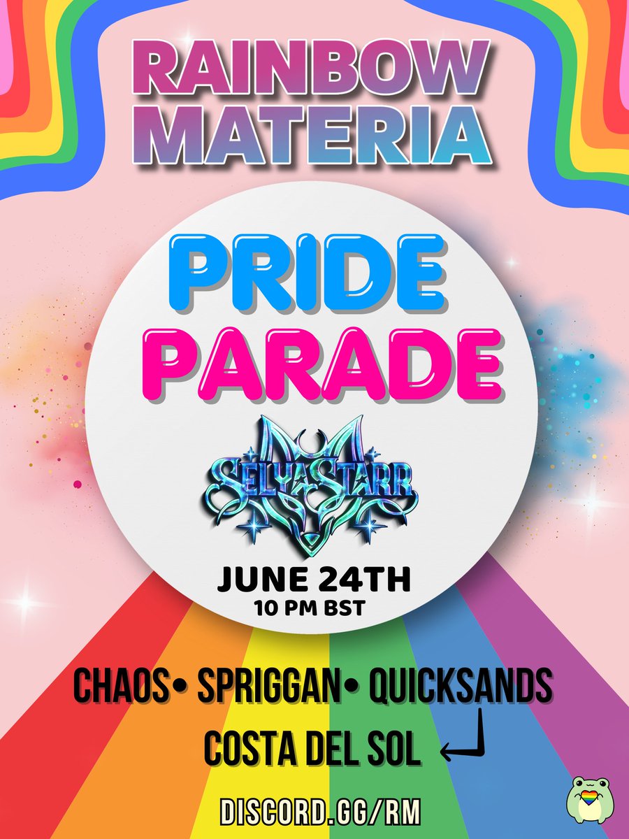 RainbowMateria's tweet photo. Heya! Rainbow Materia is hosting our in-game EU Pride Parade &amp; Party today! It will be held over on Chaos - Spriggan where we start at the Quicksands &amp; end at Costa del Sol! Can't wait to see you all there tonight!

#FFXIV #FF14 #Pride2023 https://t.co/vTggb2feSK