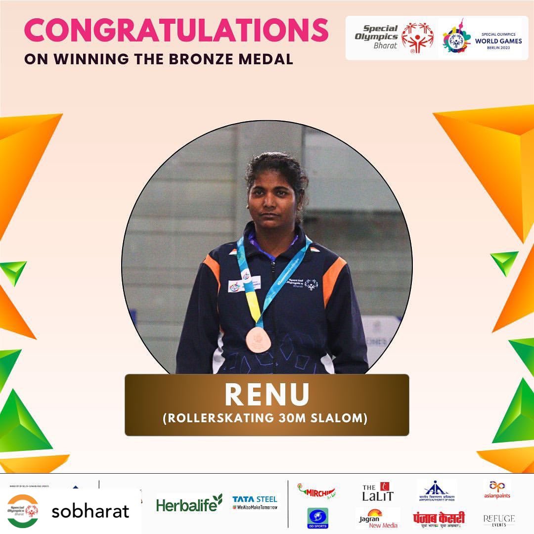 Renu with a fabulous performance to secure the Bronze Medal 🥉for Rollerskating 30M Slalom.

#Specialolympicsbharat #berlin2023 
#specialolympics #sobharat #rollerskate #rollerskates #rollerskating #rollerskater 
#specialolympicsbharat #sob #inclusionmatters #inclusionrevolution