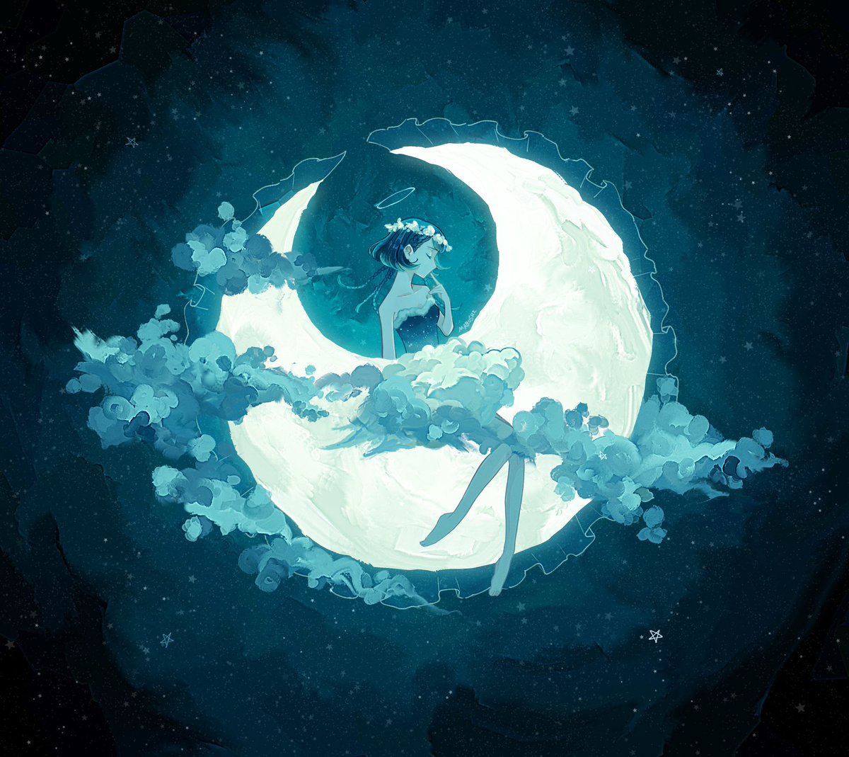 1girl moon solo crescent moon sky star (sky) barefoot  illustration images