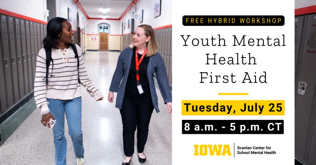 𝗬𝗼𝘂𝘁𝗵 𝗠𝗲𝗻𝘁𝗮𝗹 𝗛𝗲𝗮𝗹𝘁𝗵 𝗙𝗶𝗿𝘀𝘁 𝗔𝗶𝗱 𝗧𝗿𝗮𝗶𝗻𝗶𝗻𝗴 🫶 
Learn signs &amp; symptoms of youth #mentalhealth challenges, and how to refer to appropriate professional support.
📅 July 25 | 8 AM- 5 PM 
📍In-person, West Des Moines, Iowa
➡️ buff.ly/3qRi1qi