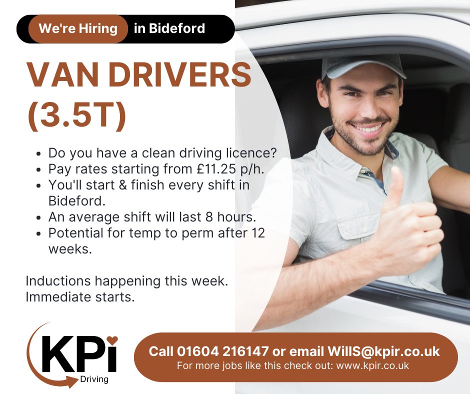 **VAN DRIVERS** Bideford. From £11.25 p/h. Potential for temp to perm after 12 weeks. Immediate start! Please Call 01604 216147 or Email WillS@kpir.co.uk. To view our jobs, visit kpir.co.uk/sector/driving…
#drivingjobs #vandriver #bidefordjobs #devonjobs