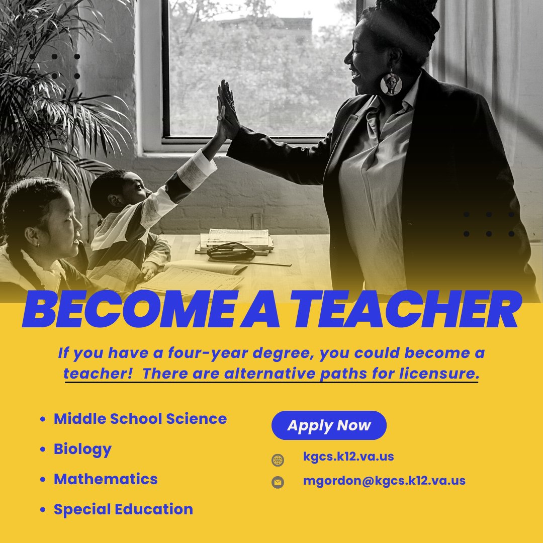 Do you know someone with a four-year degree who would make an excellent teacher?  There are alternative paths to teacher licensure!  
Apply today or email mgordon@kgcs.k12.va.us for more information!  View all of our openings here- ow.ly/BW7650OSL6k