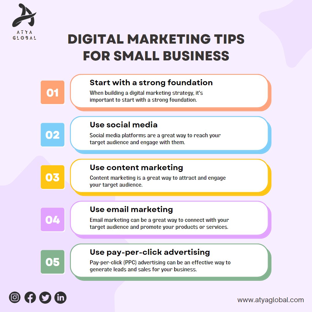 Some Digital marketing tips for small businesses Look over this poster
Visit us @ atyaglobal.com

#atyaglobal #smallbusiness #digitalmarketing #socialmedia #emailmarketing #PPC #advertise #linkbuilding #seotips #seo #audience #targetaudience #contentwriting