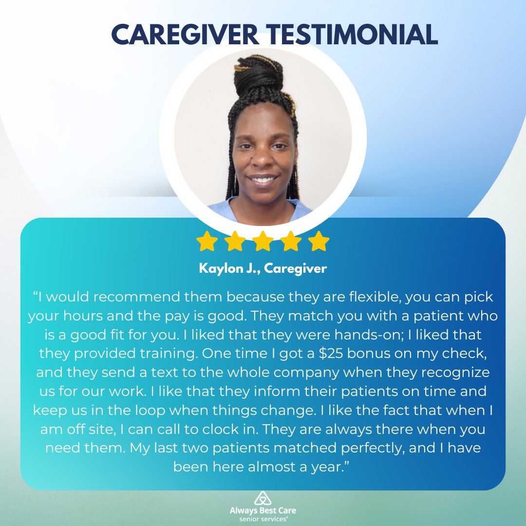 If you are interested in applying for a caregiving position, go to abcbirmingham.clearcareonline.com/apply/. 

#SeniorCare #Caregiver #HomeCare #Aging #Elderly #Caregiving #Birmingham #ElderlyCare #AlwaysBestCare #ACHC #Accredited #WECANHELP #HomeCare #InHomeCare #Testimonial