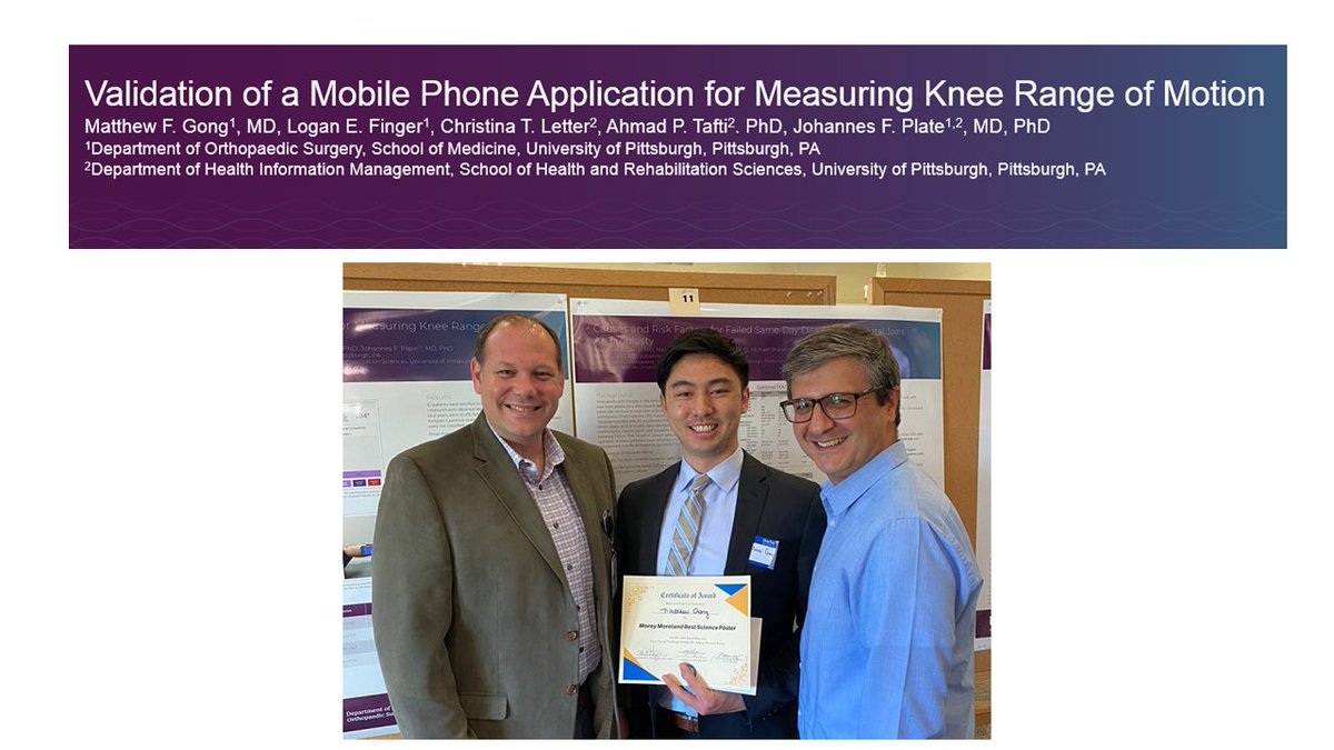 Congratulations to the Pitt Health and Explainable AI Research Laboratory! Their work on developing a mobile app for knee range of motion analysis received the 'Morey Moreland Best Science Poster' award at the University of Pittsburgh Orthopaedic Surgery Research Retreat, May 26.