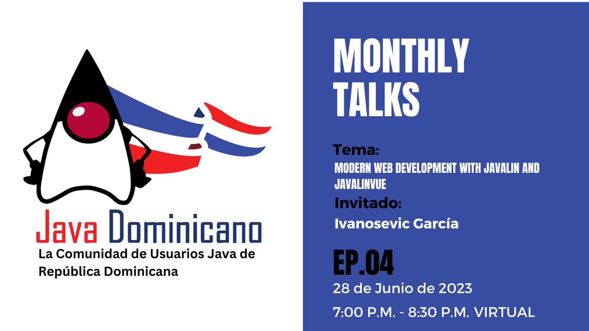 JavaDominicano's tweet image. Acompáñanos este 28 de junio a partir de las 7:00 PM en una entrega más de Monthly Talks, con el tema “Modern Web Development with Javalin and JavalinVue”

Regístrate aquí: eventbrite.com/e/modern-web-d…

#java #javadominicana #jconf #monthlytalks #javalin #javalinvue