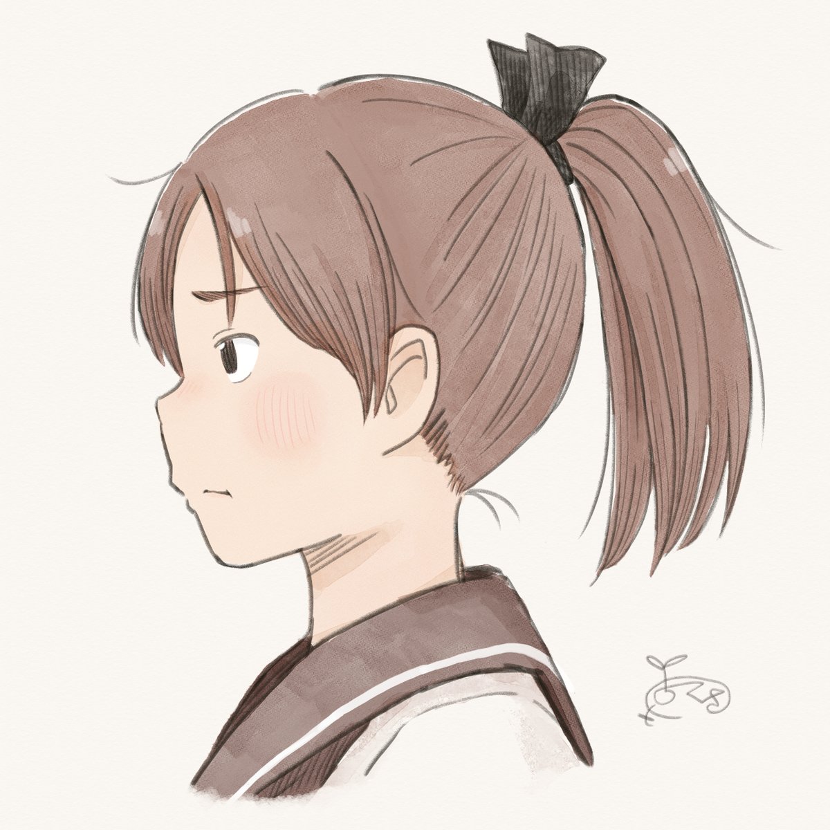 shikinami (kancolle) 1girl ponytail solo brown hair white background school uniform simple background  illustration images