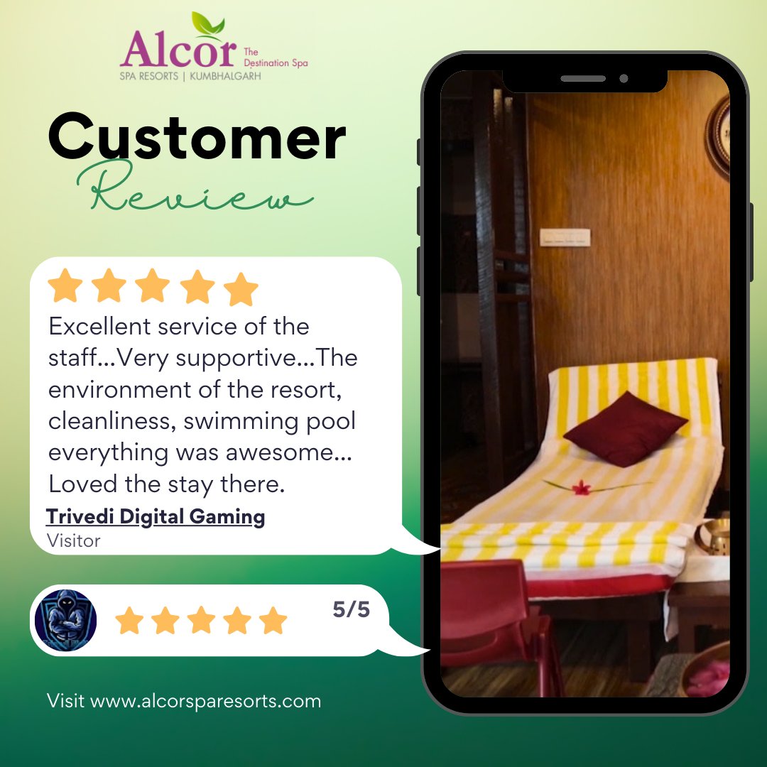 🌟 Amazing Customer Review Alert! 🌟

🏨 Alcor Spa Resort, Kumbhalgarh 🏨

#AlcorSpaResort #CustomerReview #LuxuryEscape #Rejuvenation #FamilyMemories #NatureTrails #TranquilParadise #Kumbhalgarh #LuxuryRetreat #TranquilEscape #NatureViews #GourmetDining #AlcorSpaResort