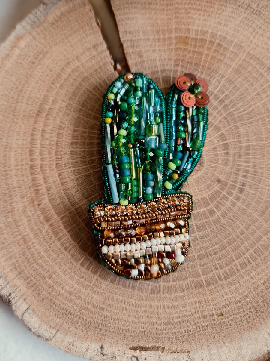 Excited to share the latest addition to my #etsy shop: cactus beaded brooch, nature jewelry etsy.me/44zyher #green #birthday #christmas #plantstrees #brown #hematite #unisexadults #artdeco #plantembroidery