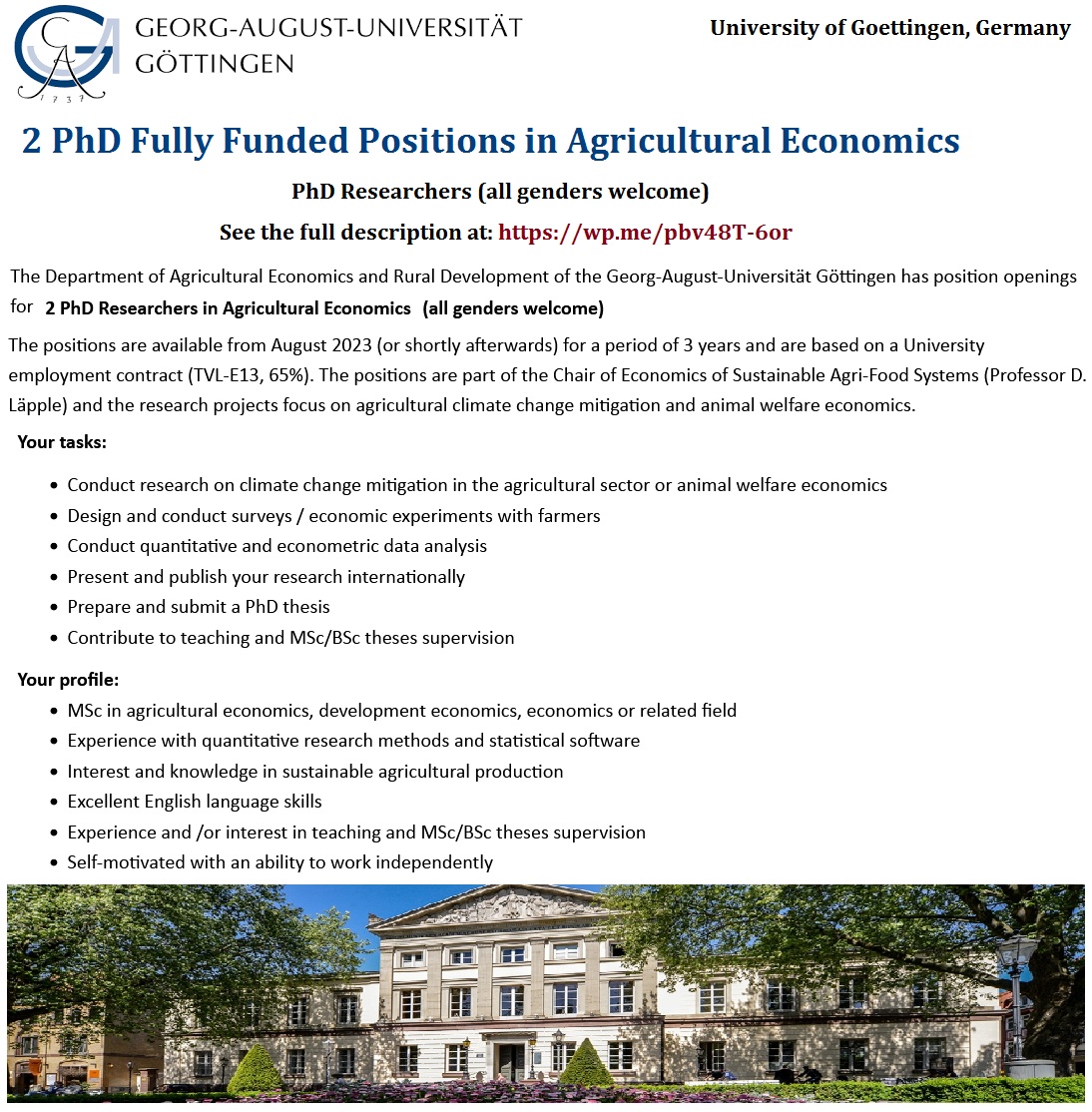📌 2 PhD Fully Funded Positions in Agricultural Economics at University of Göttingen in Germany 🇩🇪... Please Retweet and spread the word! For details visit: wp.me/pbv48T-6or