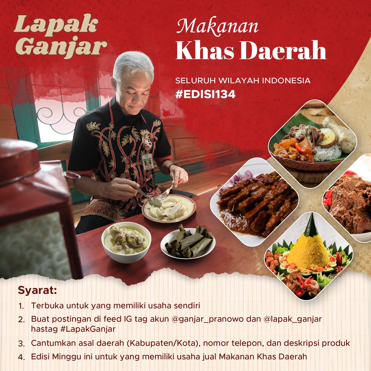 Indonesia kaya ragam budaya hingga makanan. Tiap daerah dari Sabang sampai Merauke pasti punya makanan  khas daerah masing-masing.
Yuk, penjual makanan khas seluruh Indonesia bisa ikutan #LapakGanjar edisi ini. Posting jualanmu sesuai syarat di poster ya!