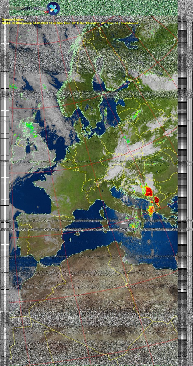 DELESTRENicola2's tweet photo. π«π· NOAA 19 24-06-2023 10:31 Max Elev: 63Β° E Sun Elevation: 45Β° Gain: 15 | Southbound
#NOAA #NOAA15 #NOAA18 #NOAA19 #MeteorM2 #weather #weathersats #APT #LRPT #wxtoimg #MeteorDemod #rtlsdr #gpredict #raspberrypi #france #ISS https://t.co/XWDyehDpgE
