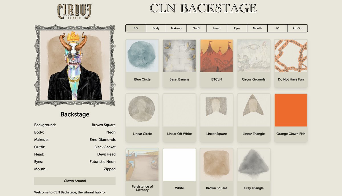 4/ I'm a huge fan of the Artwork & it will be the 1st-ever High Res complete recursively inscribed collection on #BTC 

@Solana_Guru shared clnbackstage.com to clown around with some of the 300+ traits @elmsomer crafted👇

It will also be used to check rarities post-mint.