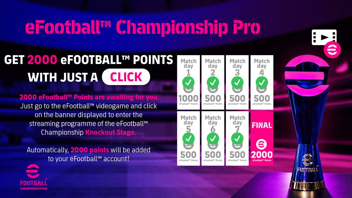 Last chance to earn 2000 #eFootball points with just a click! 🎁

Follow the final round of the #eFootballChampionshipPro by clicking on the in-game pop-up banner and get your reward instantly! 

#eFootball2023 | #eFootball2023Mobile