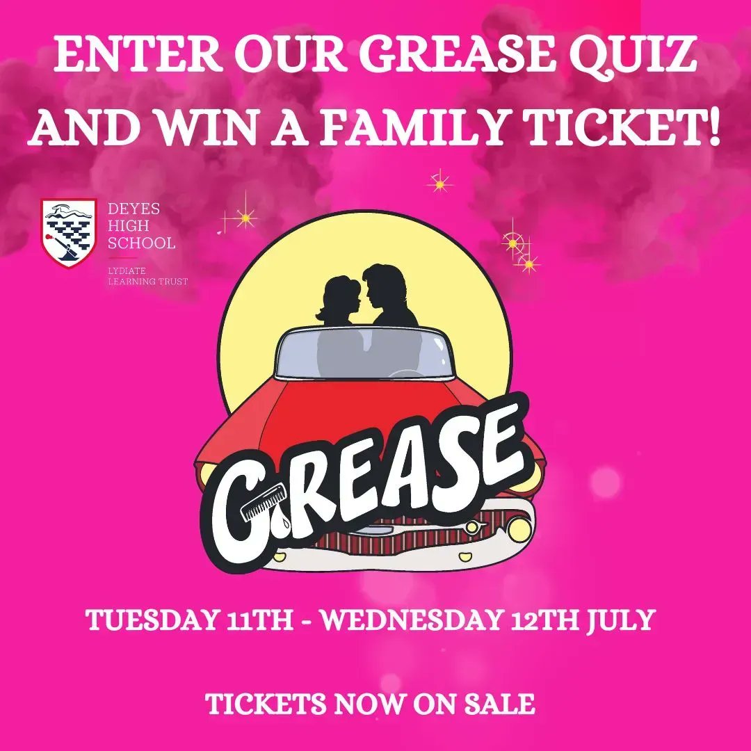 Have you entered our Grease competition yet? Take our quiz here buff.ly/43NTT6u for a chance to win a free family ticket to our Grease show. All entries must be submitted by 4pm on Monday 26 June. #Greaseistheword #Deyesistheword #Inittowinit #competition 🍿🎵