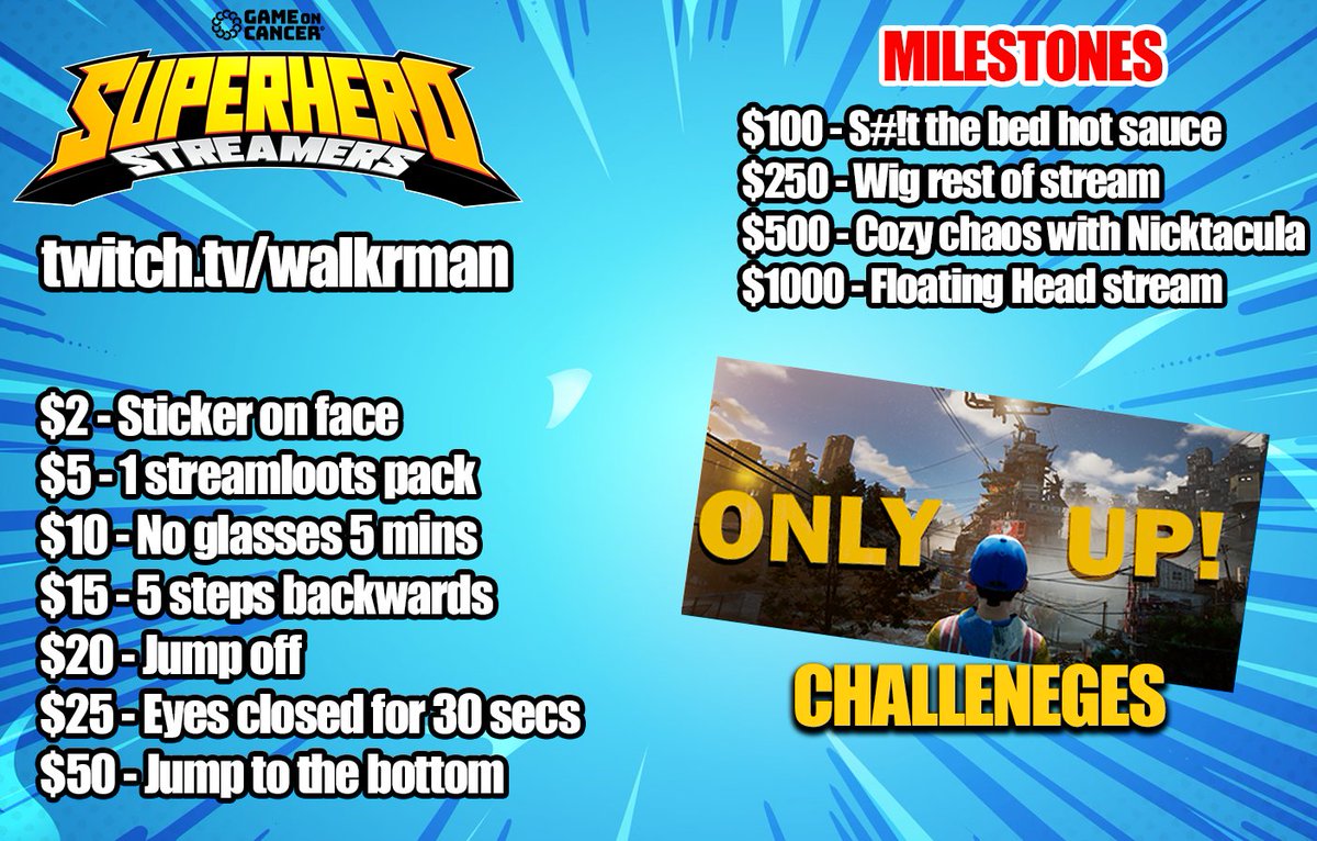 Tomorrow morning at 10am AEST we will be raising money for <a href="/GameOn_Cancer/">Game On Cancer® 🔜 #SS26</a> for an extra special stream!

Trying out Only Up with some incentives to cause nothing but CHAOS! Let's raise some money for a good cause!!

Check below if anyone wants to support early!
