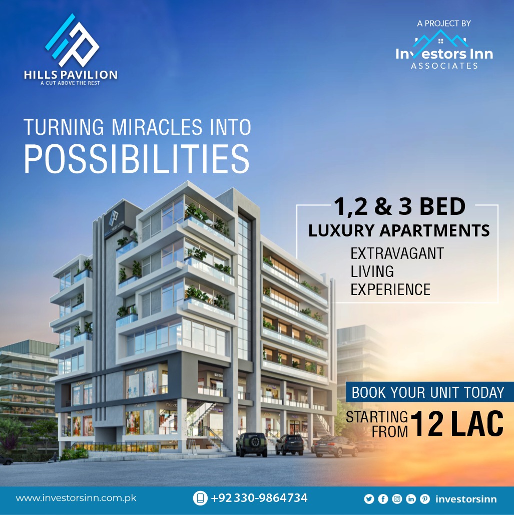 Hills Pavilion 
One Bed apartments available on easy installaments
For More Info
Call#03309864734
Faizan Sajid 
Authorized Consultant
Office#Investors Inn Associates 
#Viraltweet #Toptrend #Overseasinvestors