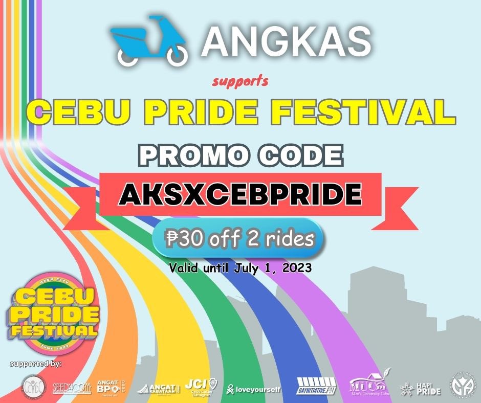 xitsmejohnx's tweet image. Angkas Philippines x Cebu Pride Festival collaboration ‼️

ANGKAS PROMO CODE FOR CEBU PRIDE FESTIVAL: 
AKSXCEBPRIDE
₱30 off valid until July 1, 2023 up to 2 rides. 🏳️‍🌈🌈

#AngkasPH #CebuPrideFestival2023
#CPF2023
#CebuPrideFestival