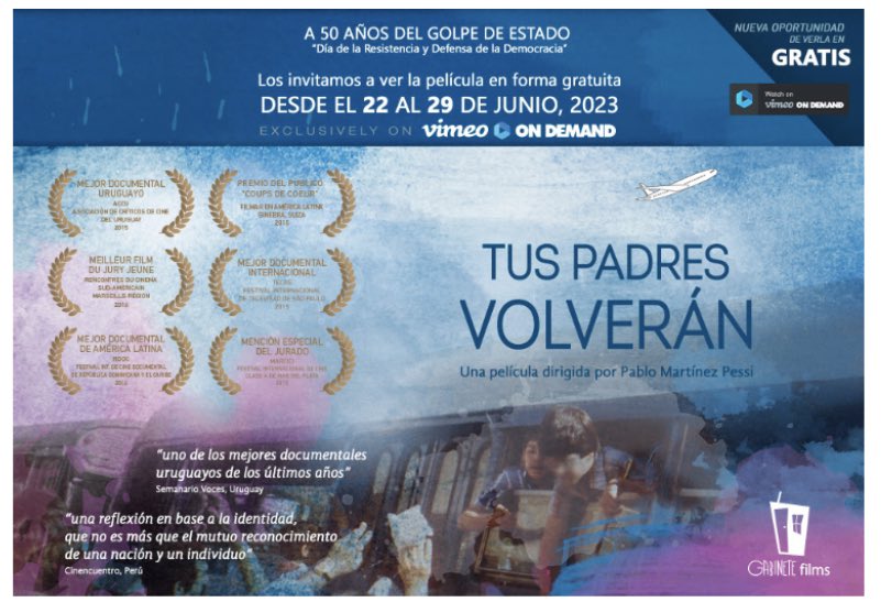 #tuspadresvolveran ONLINE de forma GRATUITA y para TODO EL MUNDO a través de la plataforma de Vimeo On Demand, DESDE EL 22 AL 29 DE JUNIO DEL 2023.
ENLACE PARA VER LA PELÍCULA: vimeo.com/196087462
