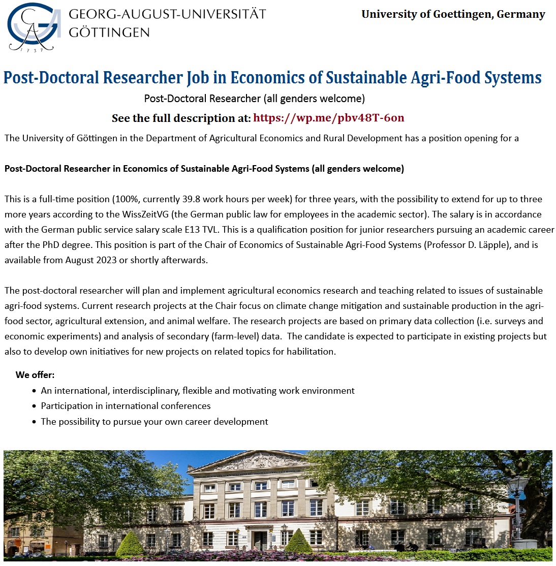 📌 Post-Doctoral Job in Economics of Sustainable Agri-Food Systems at University of Göttingen in Germany ... Please retweet and spread the word! For details visit: wp.me/pbv48T-6on