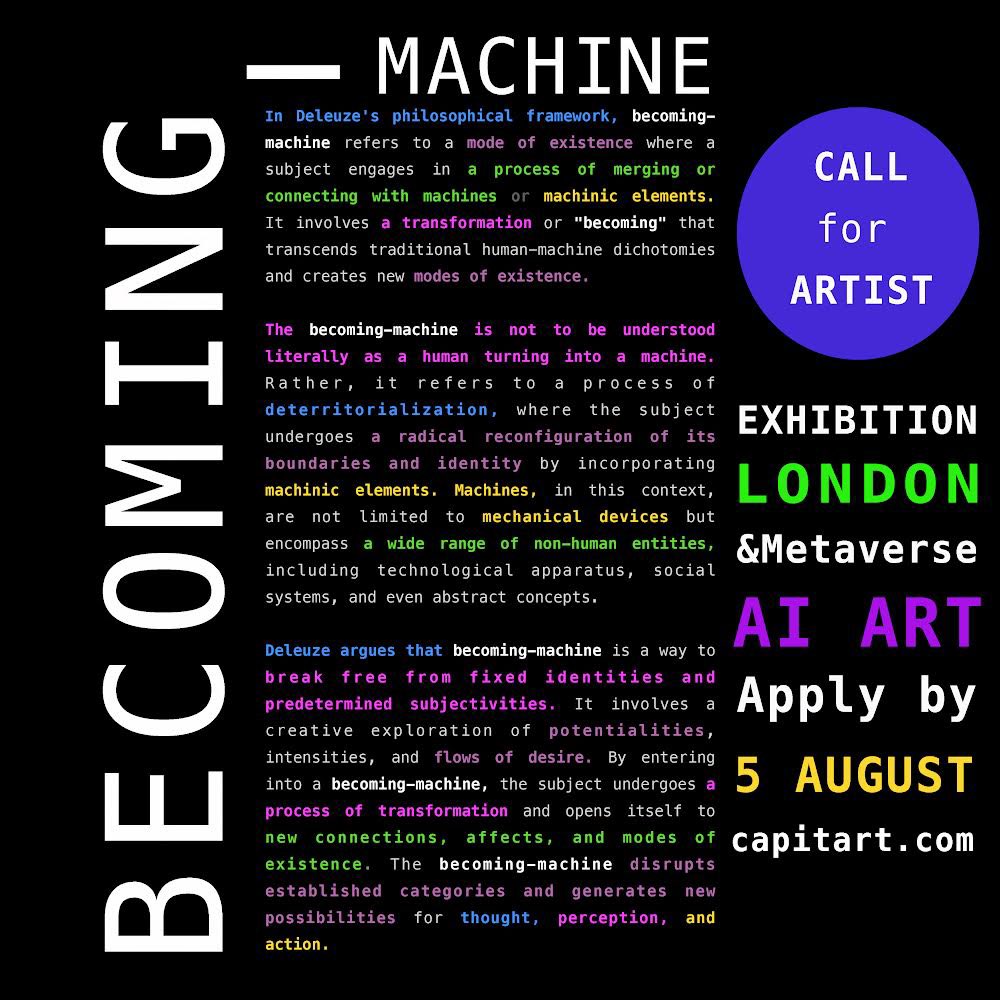 Apply with your AI assisted/generated artworks by 5 August 👉capitart.com  #aiart #creativeai #generativeart #GenerativeAI #AIArtwork #opencall #opencallforartists #opencallforart #artexhibition #artexhibitionlondon #exhibitionlondon