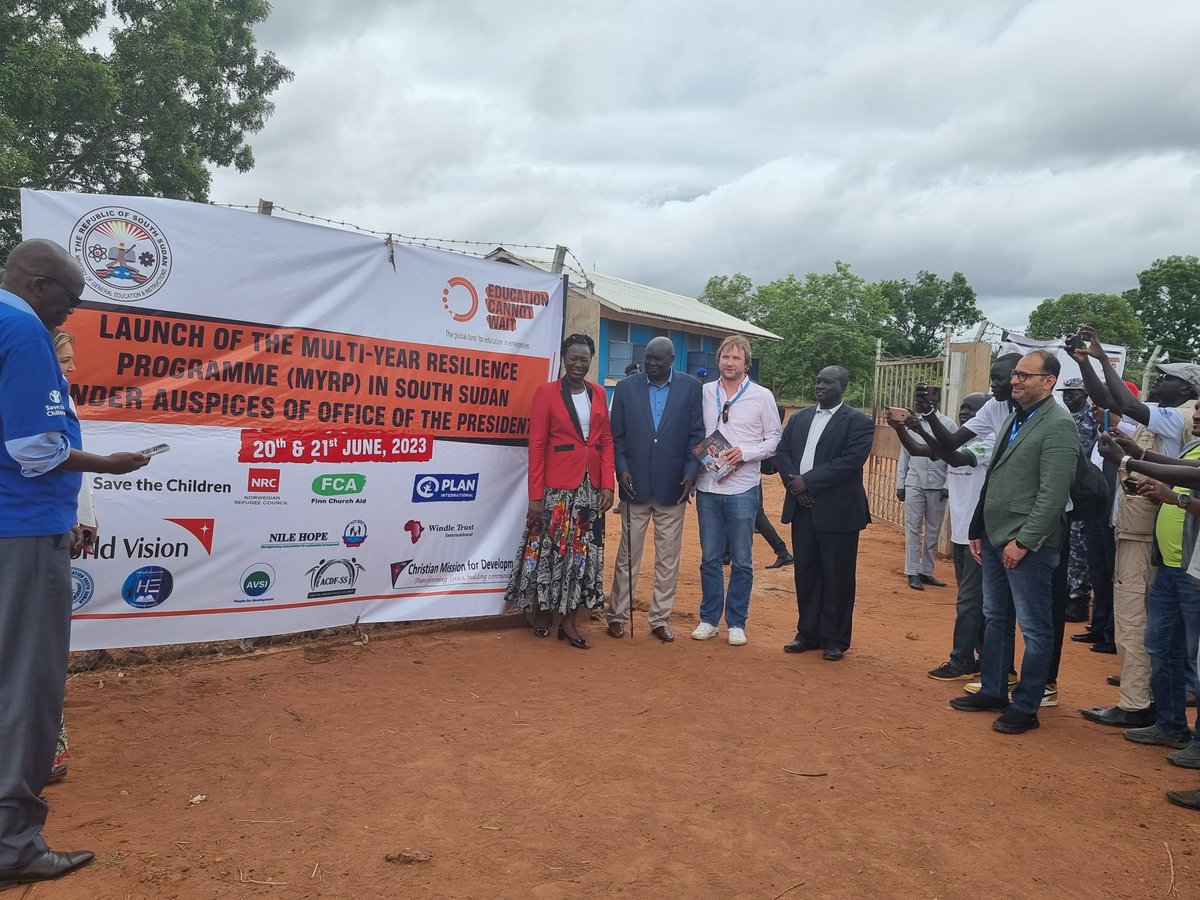 ECW Executive Director, Yasmine Sherif, Minister of General Education and Instruction, Hon Awut Deng Acuil, Deputy Speaker, Council of States, Hon. Mary Ayen, Governor of Lakes State Hon. Rin Tueny Mabor at the launch of MYRP in Yirol Town, Lakes State, South Sudan, 22 April 2023