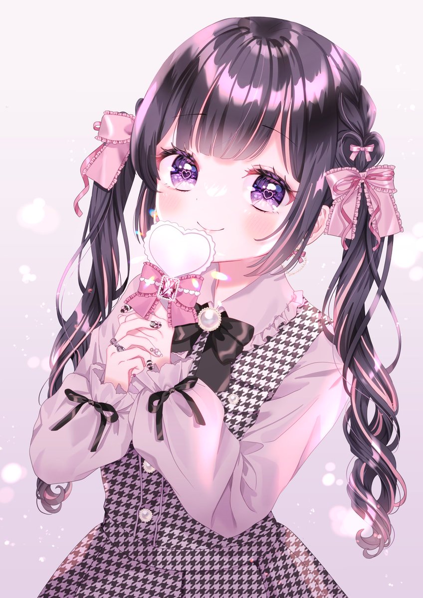 1girl solo twintails black hair smile purple eyes bow  illustration images