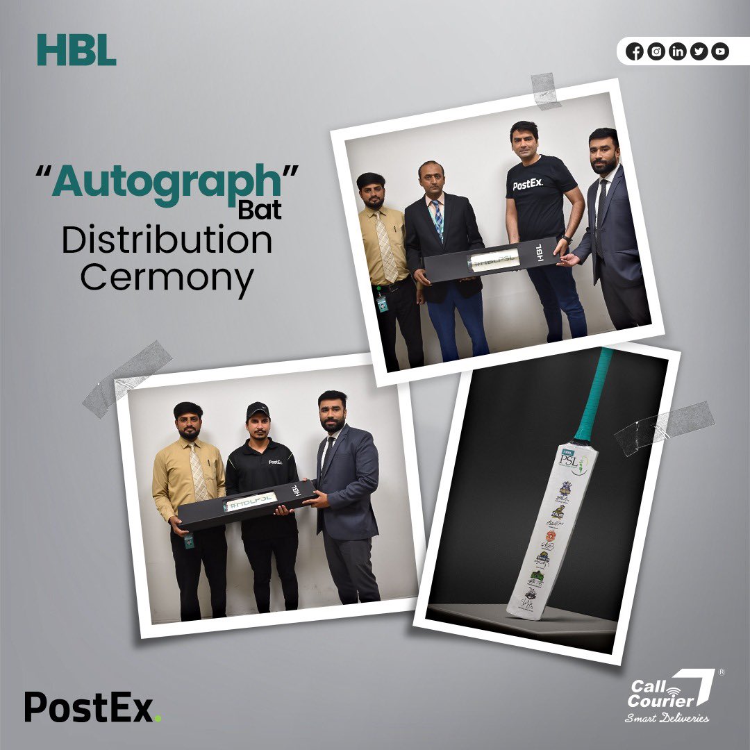 @HBLPak X @postexpk HBL awarded PostEx employees with autographed bats from PSL Team Captains for their outstanding performance. Representatives from HBL presented these bats to the CFO of PostEx. Mr. Adil Saleem & Rider of PostEx. Mr. Muhammad Ramzan. Congrats to our members