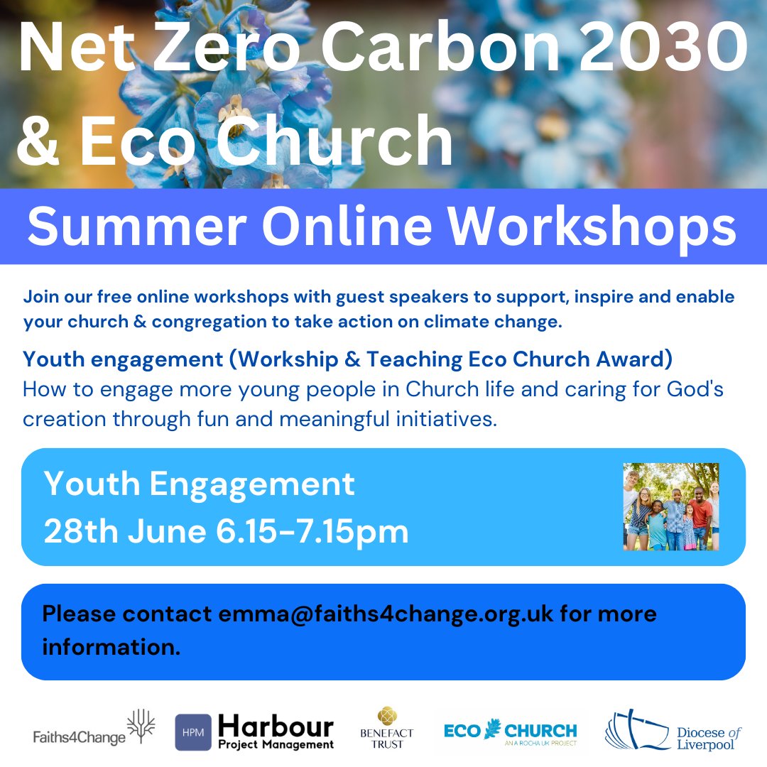 Free online workshop next week - Youth Engagement 28th June 6.15-7.15pm Hear from youth workers/leaders from across Merseyside working to engage young people in church life and develop a relationship with God while looking after creation Register now: bit.ly/3qaTaO1