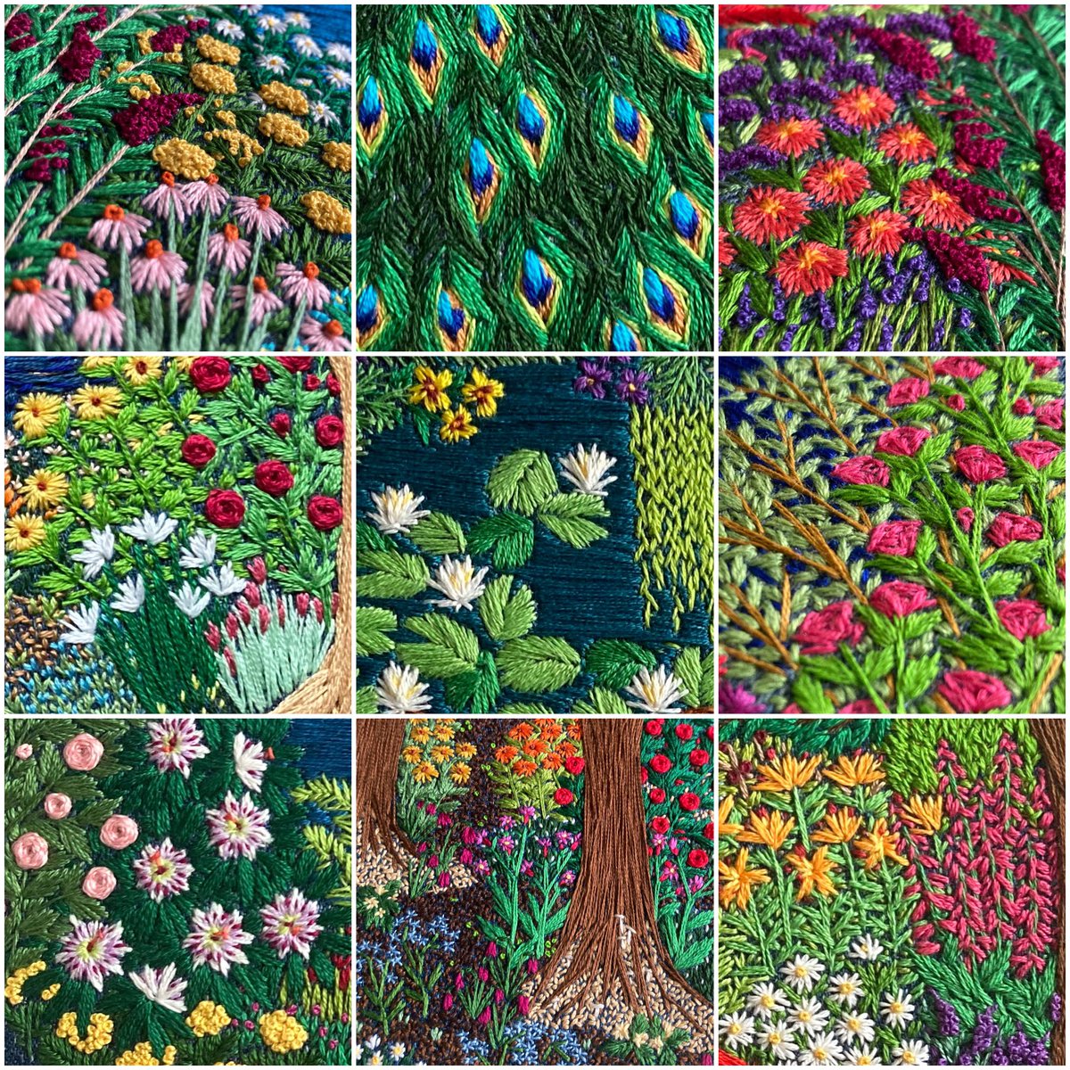 Gtilleymatthews's tweet photo. A collage for the weekend… Hope it brings some colour to your day 🤗🧵🌿🌺🪷 
*small snippets taken from my larger embroideries 🪡 #stitchedart #thesewingsongbird https://t.co/OuZ81MQb6P