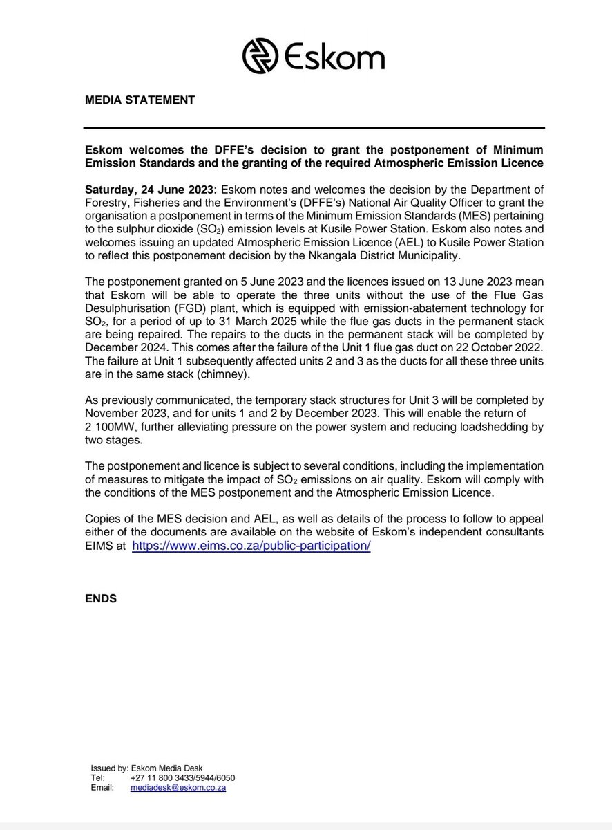 Eskom Hld SOC Ltd on Twitter "Eskom MediaStatement Eskom