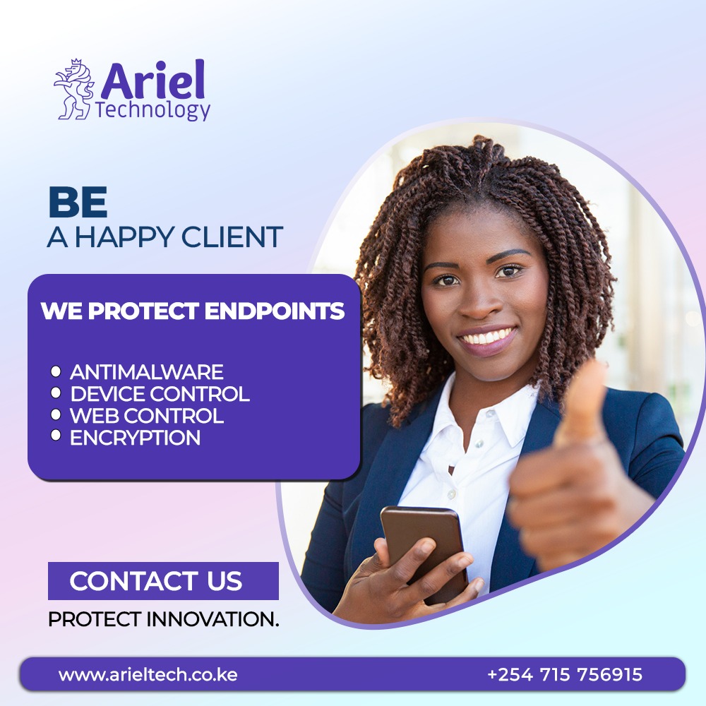 Stay protected with our advanced endpoint solutions! The features provided include #Antimalware, #Devicecontrol, #Webcontrol, and #Encryption. We help to quickly detect threats and respond to keep your data secure. Get in touch today @0746727307 / arieltech.co.ke.