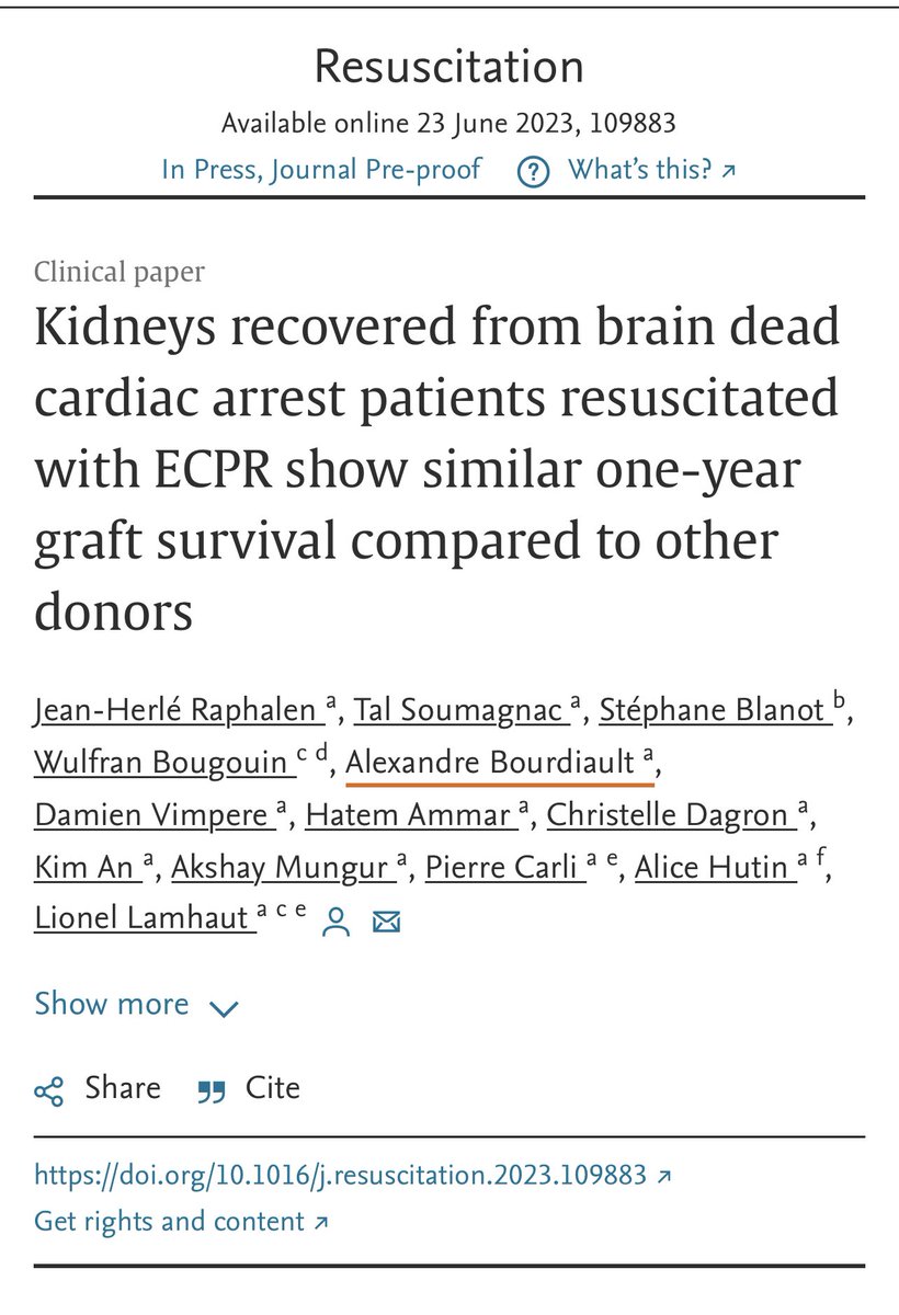 🚨 A new source of organs by donation after a cardiac arrest treated by #ecmo. Same quality at 1️⃣ year compare to donation from patient without ❤️ arrest👉 authors.elsevier.com/sd/article/S03… #ohca #ecpr #donation #graft #KidneyTransplant @ag_biomedecine #resuscitation