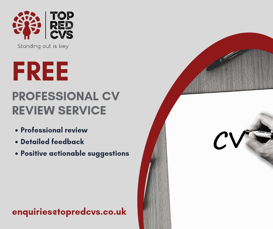 Would you like a FREE CV review?
Contact us either through FB, email enquiries@topredcvs.co.uk or give us a call on 0333 335 5720 

#cv #curriculumvitae #resume #recruitment #jobs #jobsearch #employment #interview #newjob #jobhunt #linkedIn #branding #marketing #smallbusinessuk