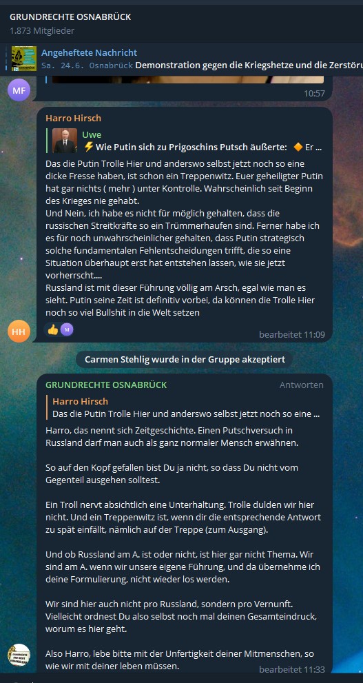 Bei den putintreuen Querpfosten von Grundrechte #Osnabrück steckt man jetzt wegen der aktuellen Ereignisse im ihrer, gelobten Diktatur RuZZland arg in der Klemme und fetzt sich. 🤡 #querdenken #querdenker #querfront #putsch