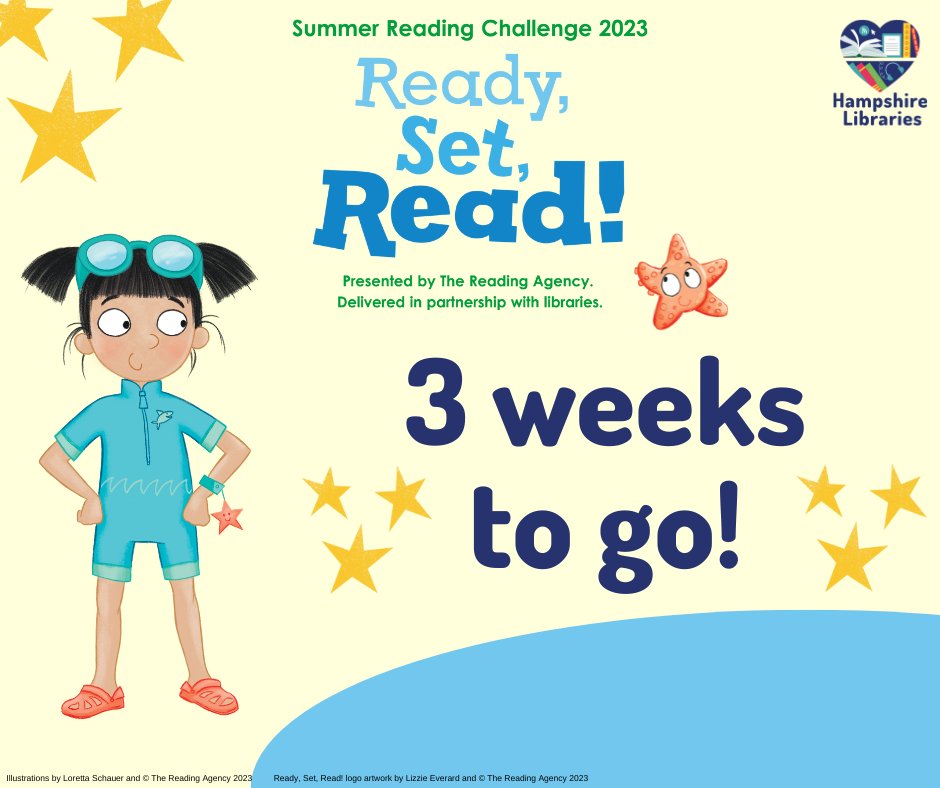 3 weeks to go until the start of the #SummerReadingChallenge 2023 in Hampshire Libraries. 🥳

#ReadySetRead begins on Saturday 15 July and you can sign up in your local library, or online through our Kids Zone, from this day. The theme this year has a focus on sports! 🤿