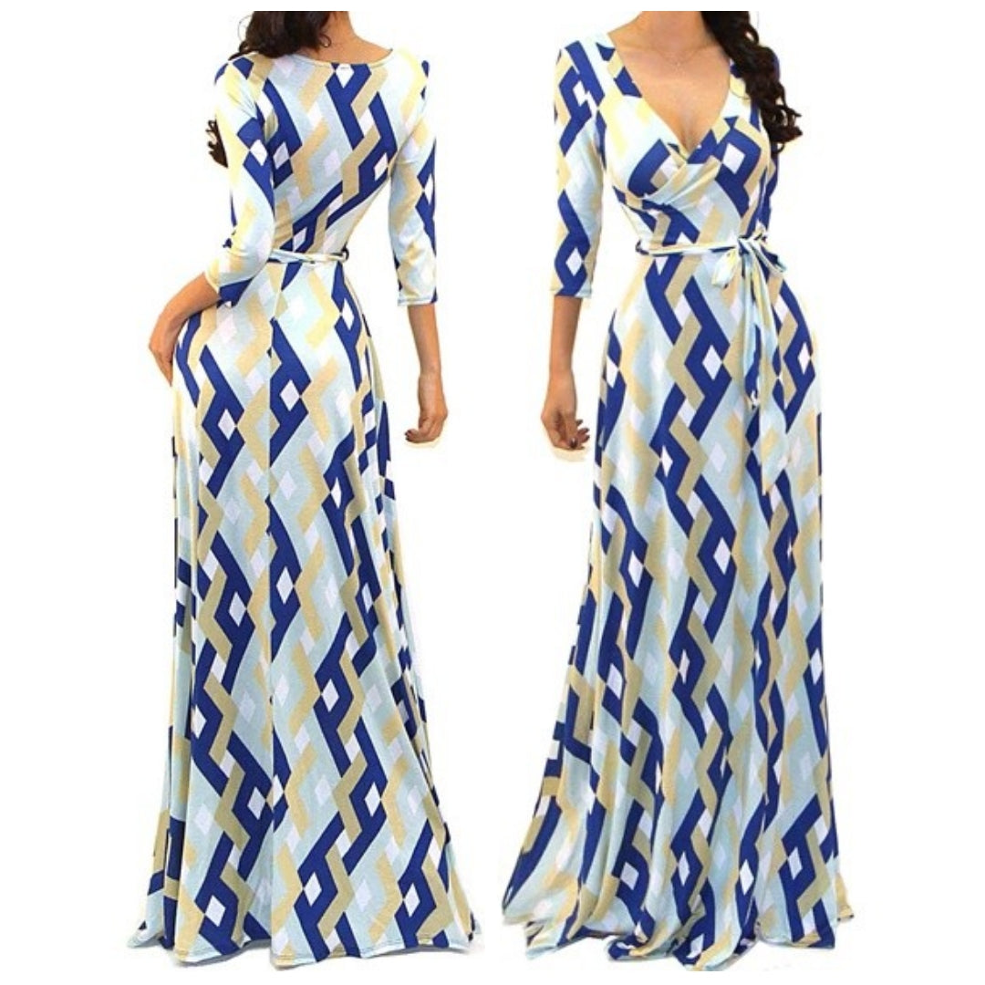 Got Style Blue Gray Links Pattern Faux Wrap Evening Casual Party Maxi Dress tuppu.net/8125bcb3 #onlineshopping #handmadeearrings #blackfridaydeals #thanksgiving2022 #maxidresses #explore #blackownedbusiness #womenfashion #melaninfashion #Dresses