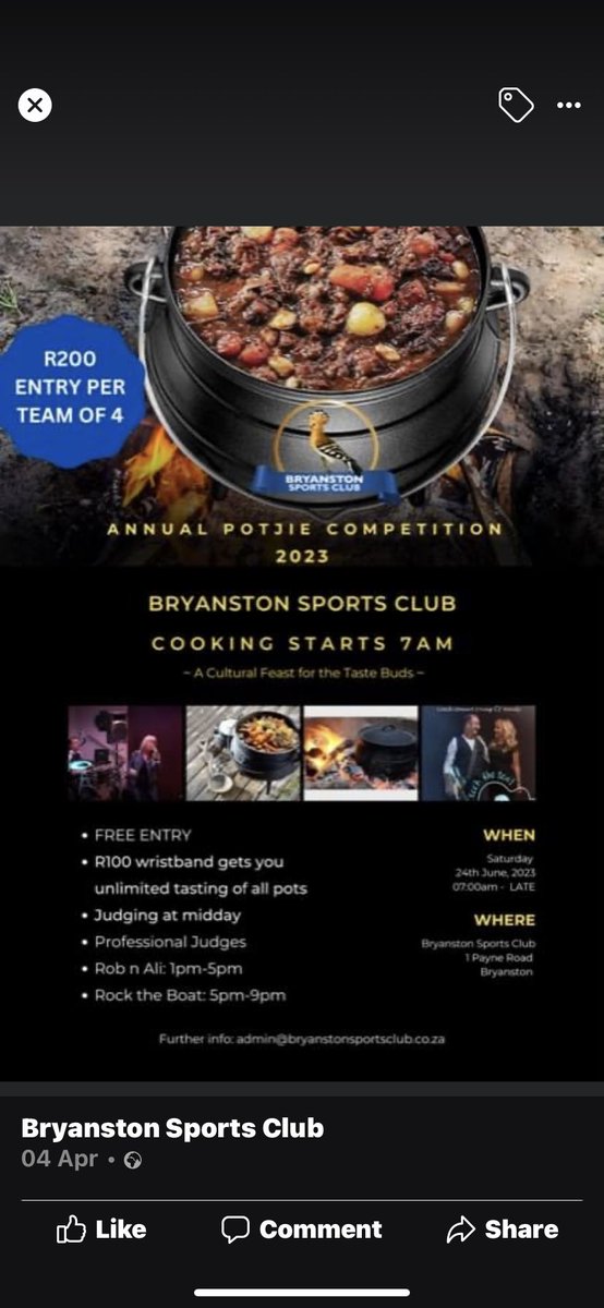 It’s SATURDAY 24th June. It’s a beautiful day outside with a slight chill 😎 in the air… if you are bored and looking for a fun afternoon.. join in at the annual Bryanston Sports Club Annual Potjie Day Competition. There is plenty of food… live entertainment by #robandali