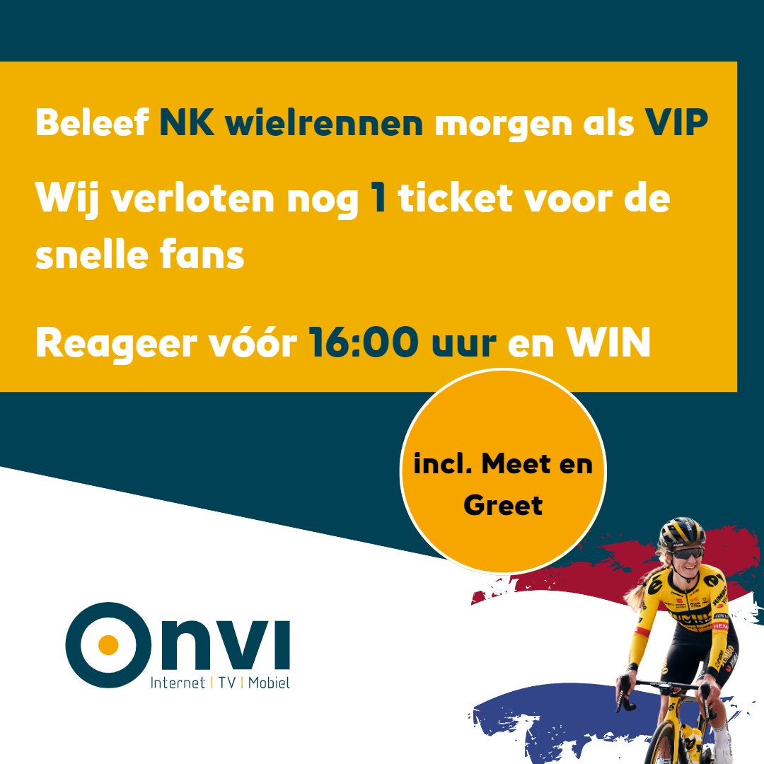 Extra kans om als VIP het NK te beleven. Wij verloten 1 ticket voor morgen. Laat hieronder weten waarom jij graag kans wilt maken om deze ticket.

Vanavond om 17.00 uur maken wij de winnaar bekend.