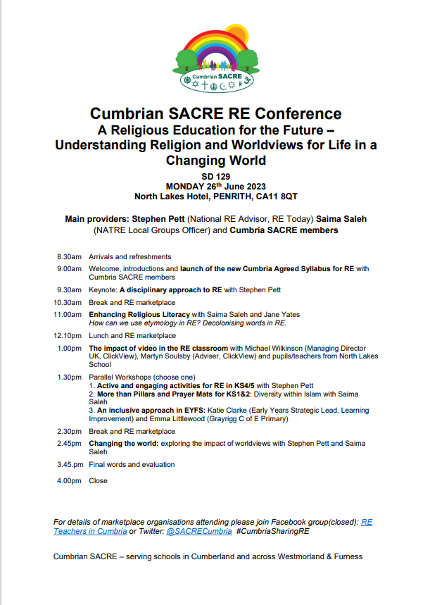 SACRECumbria's tweet photo. Looking forward to launching our new Agreed Syllabus for RE on Monday at our annual SACRE RE conference. We have nearly 100 people attending - a bumper number! @sfpett @SaimaSaleh_RE @ClickViewMart @ClickViewUK @CDEC_Cumbria @philos_backpack @NLSCHOOL https://t.co/WDHQkL4kNO