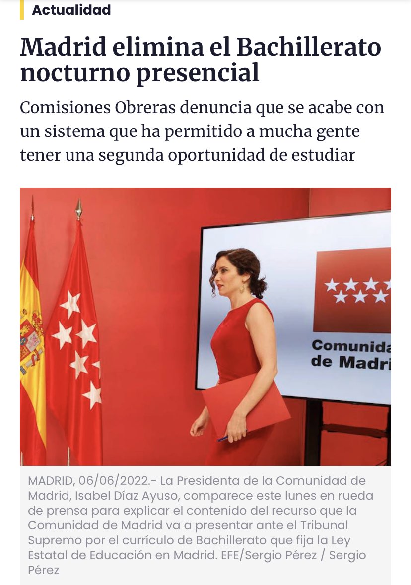 Como tengo por costumbre cada vez que Ayuso y secuaces toman una medida, hoy me veo en la
obligación de transmitir 
MI MÁS SINCERA ENHORABUENA A LOS ESTUDIANTES DE BACHILLERATO NOCTURNO QUE VOTARON AL PP EN LAS ÚLTIMAS AUTONÓMICAS