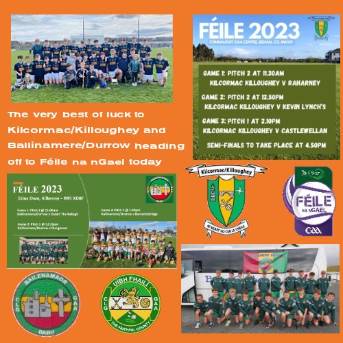 The very best of luck to @KK_GAA and @BmereDur  who are both heading off to represent @Offaly_GAA at the national Feile na nGael today.

Hope you all have a great day and the very best of luck. Safe travels and enjoy the experience.

#TheFaithful