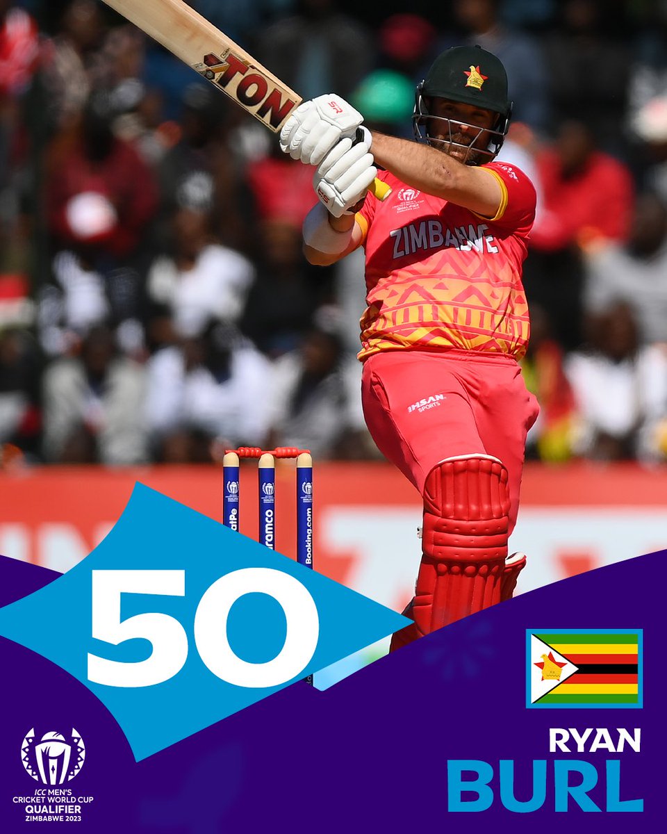 Fifty and gone! 

Ryan Burl falls after a fighting half -century 👀

#CWC23 | ZIMvWI: bit.ly/3NnUl4G