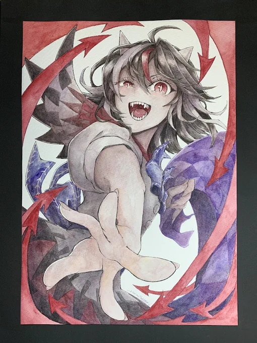 鬼人正邪、塗り上がりました! 6/25 東方名華祭、幻想郷のおえかき道場にて、この原画も展示予定ですので、よろしくお願いします!  使用画材:ホルベイン透明水彩/ハルモニア/コピックマルチライナー/ランプライト水彩紙  #透明水彩