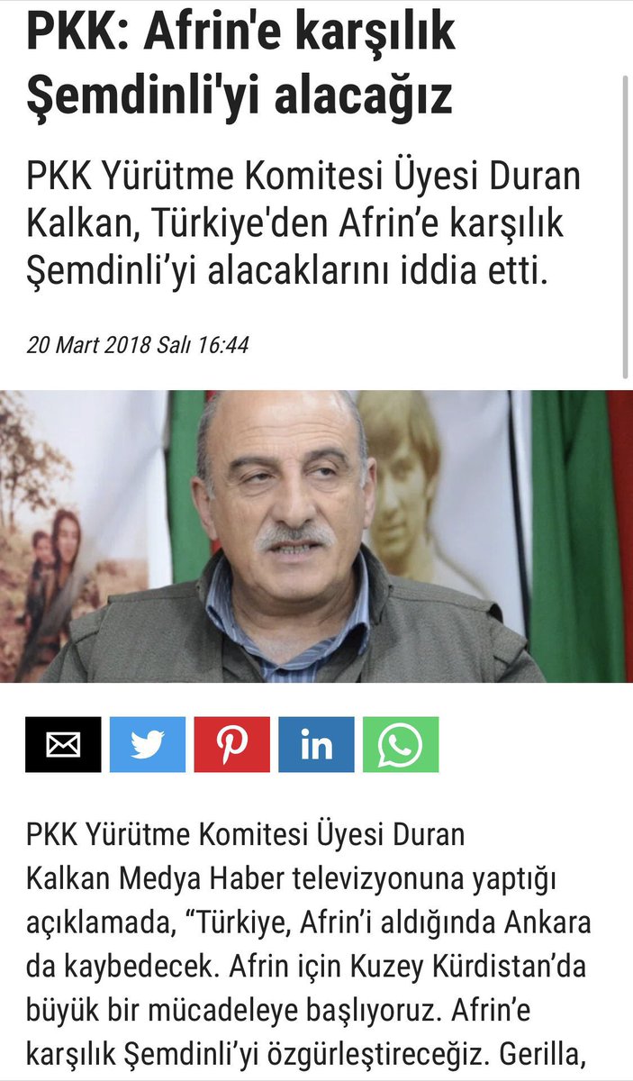 ARŞİV 109📚📡📺📻🎙
PKK yönetici Duran Kalkan 2018'de Afrin'e karşılık Şemdinli'yi alacağız demişti. 5 yıl geçti. Şemdinlide mantar tabancası sıkamıyorlar, Afrin hala işgal altında. İşgalci türk askerini Kürdistan'ın en içlerine taşıdılar. Bunlar Kürtlere hayal satan düzenbazlar.